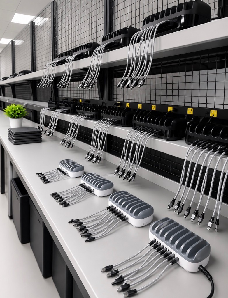Multi-device charging and testing station with organized cables