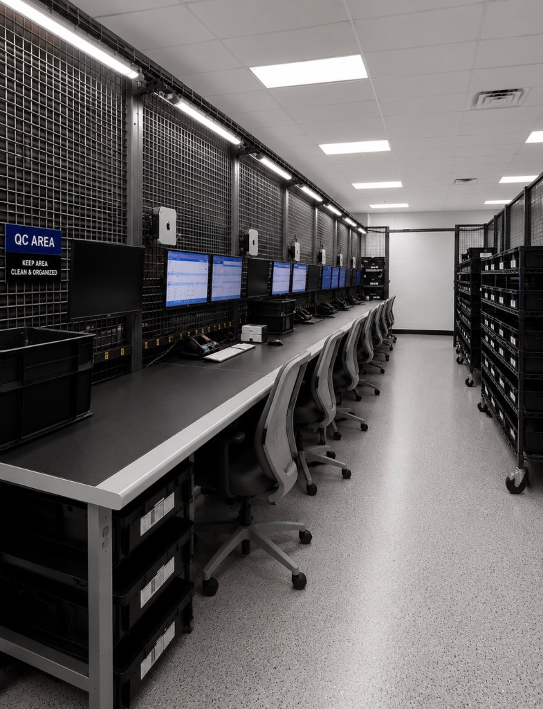 Quality control workstations with monitors and organized storage