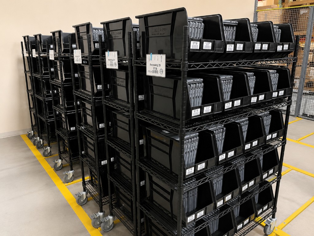 Receiving racks with bins of laptops and tablets in a warehouse